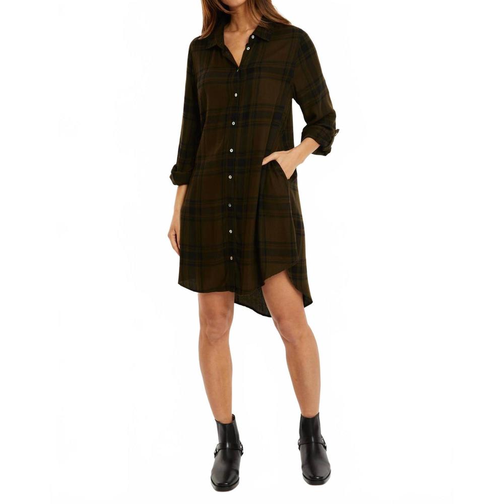 NEW MODODOC long sleeve plaid shirt dress in olive